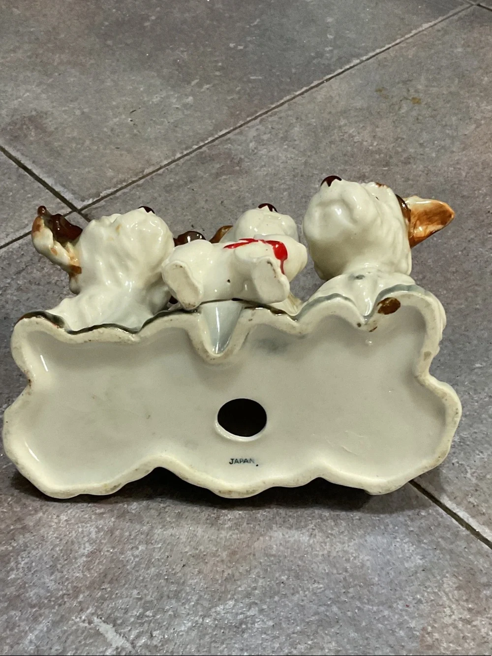 Vintage Ceramic Puppy Trio with Small Cat Figurine - Brown & Cream